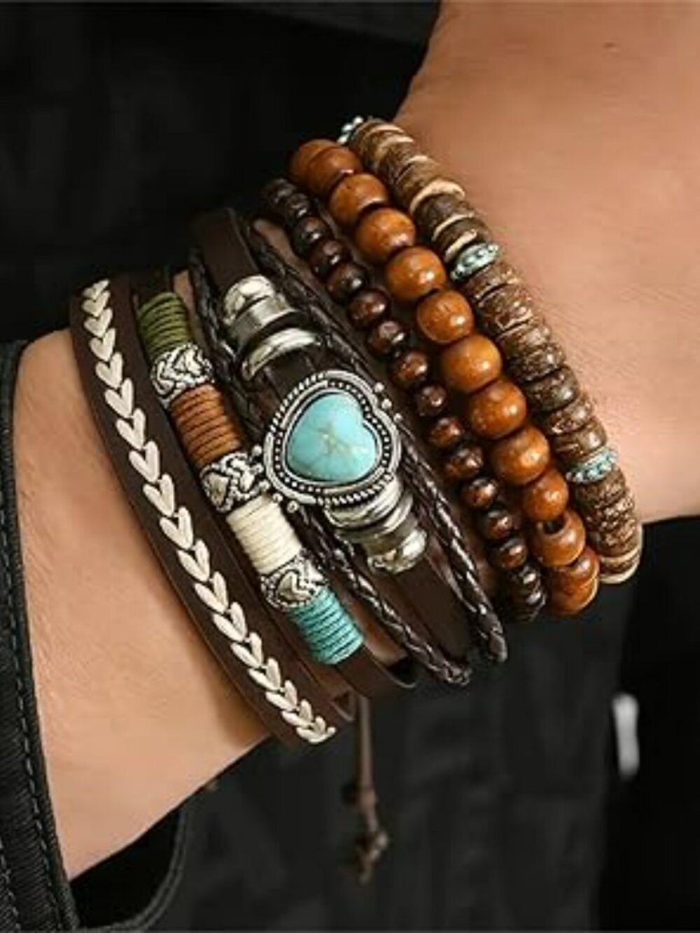 New Bohemian Multilayered Wood Beaded Layered Bracelet 5 pc Set Turquoise Boho